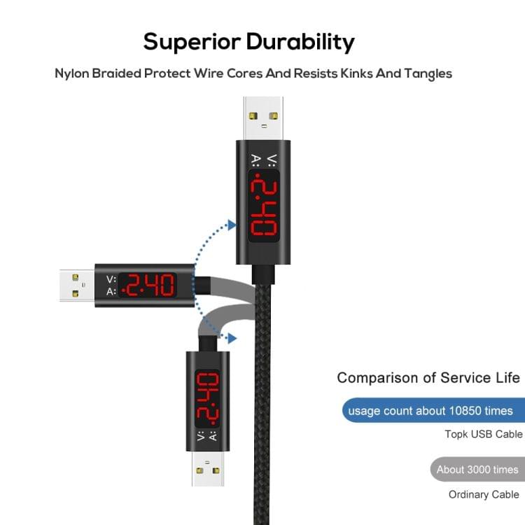 TOPK 1m 2.4A Max USB to Micro USB Nylon Braided Fast Charging Sync Data Cable, with Output Display (Black)