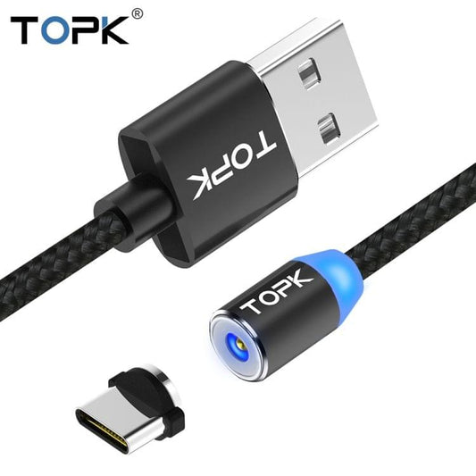 TOPK 2m 2.4A Max USB to USB-C / Type-C Nylon Braided Magnetic Charging Cable with LED Indicator (Black)