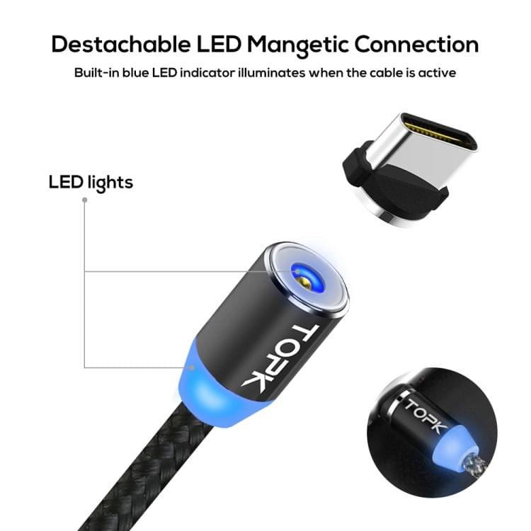 TOPK 2m 2.4A Max USB to USB-C / Type-C Nylon Braided Magnetic Charging Cable with LED Indicator (Black)
