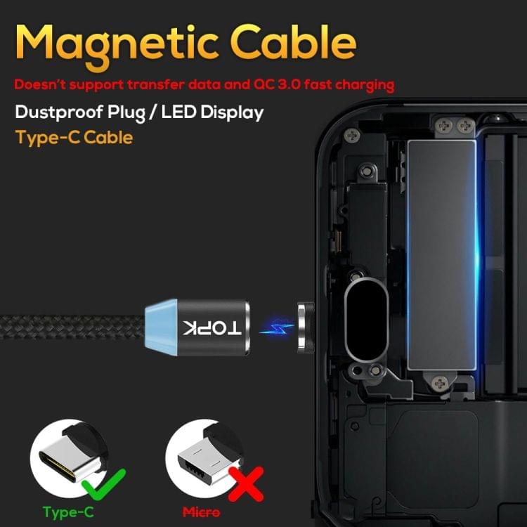 TOPK 2m 2.4A Max USB to USB-C / Type-C Nylon Braided Magnetic Charging Cable with LED Indicator (Black)