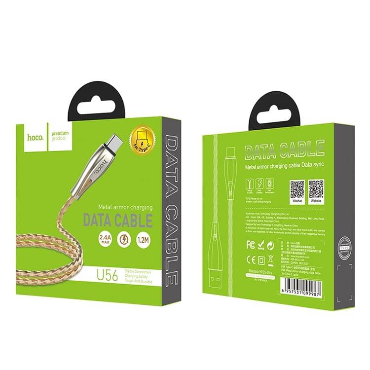 hoco U56 2.4A USB-C / Type-C Interface Metal Armor Charging Data Cable, Length: 1.2m (Gold)
