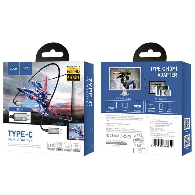 hoco UA13 USB-C / Type-C to HDMI 4K HD Same Screen Transmission Nylon Braided Data Cable, Length: 1.8m (Grey)