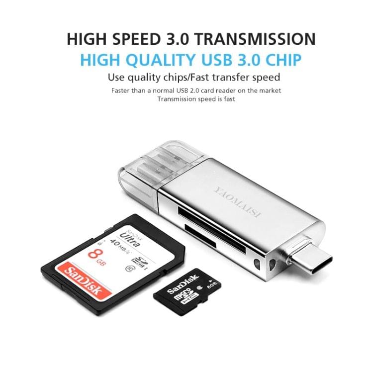 YAOMAISI Q25 2 in 1 USB 3.0 to Type-C Metal Memory Card Reader, Support SD / TF Card(Silver)