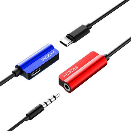 ROCK 0.12m 1.5A Metal Dual Type-C Female to Type-C Male Listening & Charging Audio 2 in 1 Cable