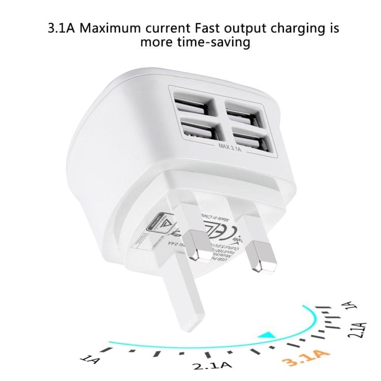 [BS Certification] 9 PCS UK Plug HAWEEL 4 USB Ports Max 3.1A Travel Charger Kits with Display Stand Box