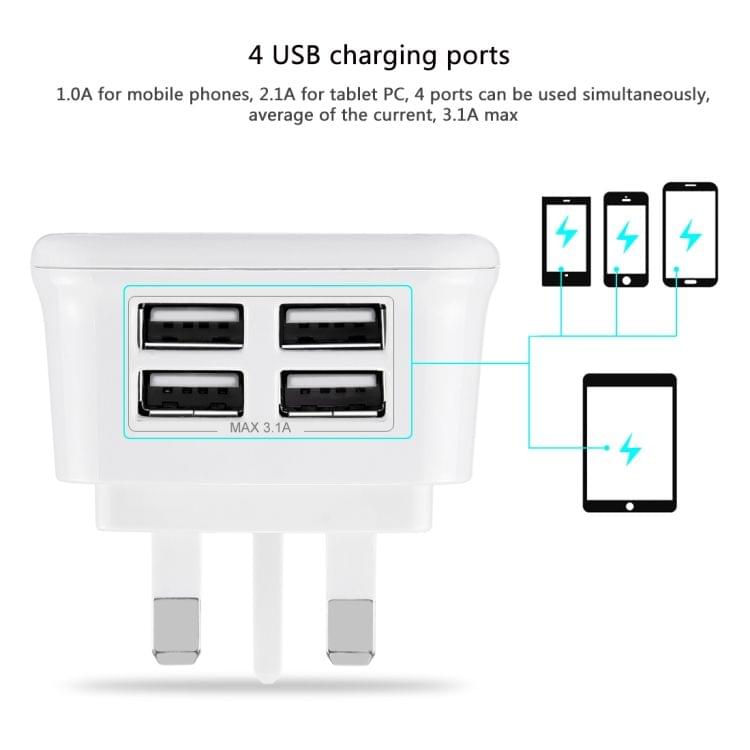 [BS Certification] 9 PCS UK Plug HAWEEL 4 USB Ports Max 3.1A Travel Charger Kits with Display Stand Box