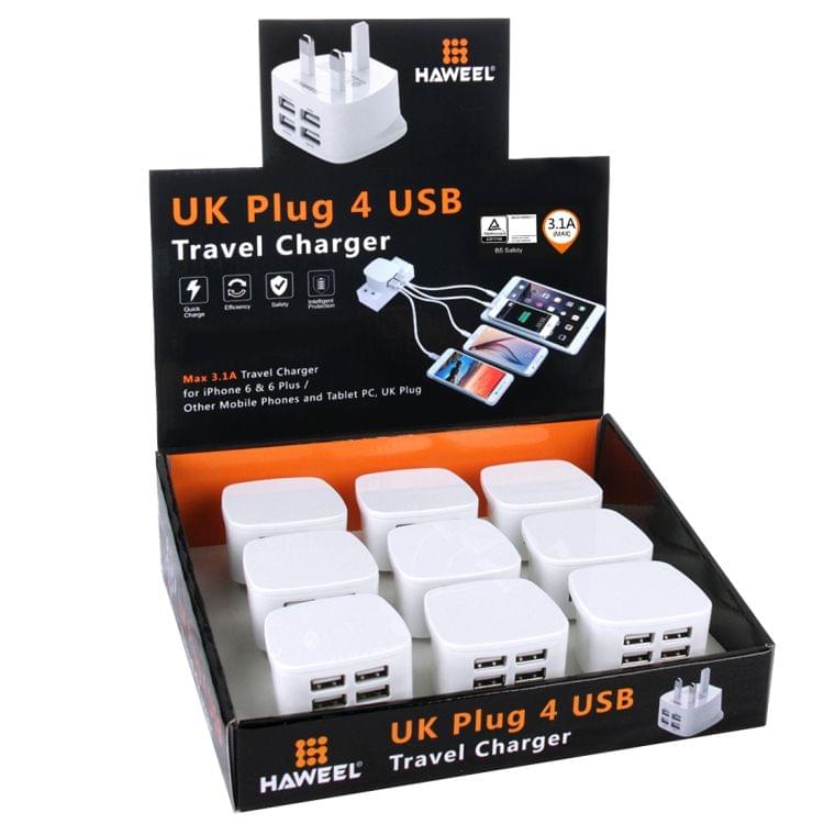 [BS Certification] 9 PCS UK Plug HAWEEL 4 USB Ports Max 3.1A Travel Charger Kits with Display Stand Box