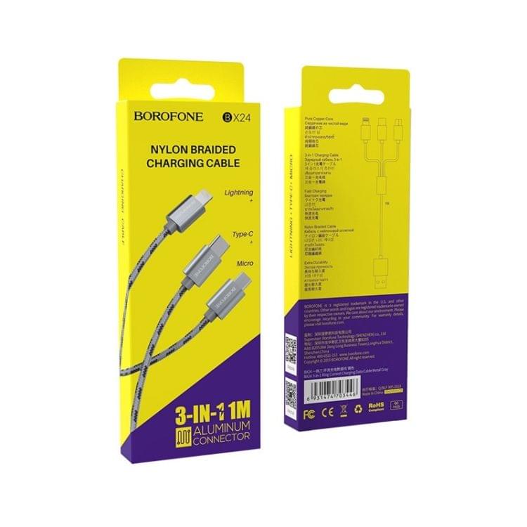 Borofone BX24 Ring Current USB-C / Type-C + 8 Pin + Micro USB to USB Weave Charging Data Cable for iPhone, iPad, Galaxy, Huawei, Xiaomi, HTC, Sony and Other Smartphones (Grey)