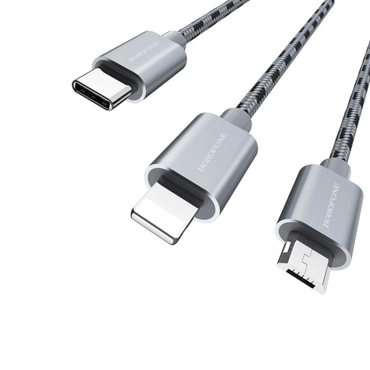 Borofone BX24 Ring Current USB-C / Type-C + 8 Pin + Micro USB to USB Weave Charging Data Cable for iPhone, iPad, Galaxy, Huawei, Xiaomi, HTC, Sony and Other Smartphones (Grey)
