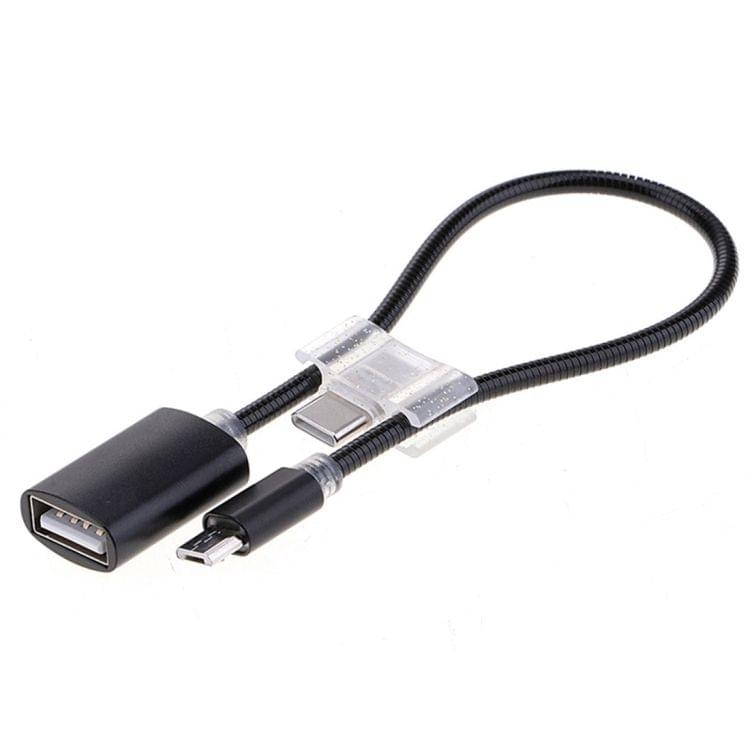 24cm 2A Micro USB to USB Aluminum Alloy Hose OTG Adapter Data Charging Cable with USB-C / Type-C Connector