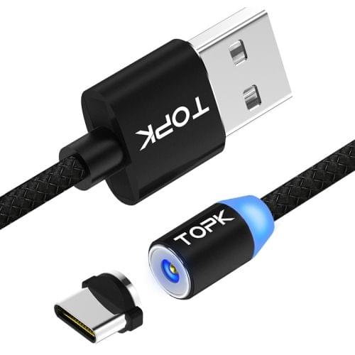 TOPK 2m 2.1A Output USB to USB-C / Type-C Mesh Braided Magnetic Charging Cable with LED Indicator (Black)
