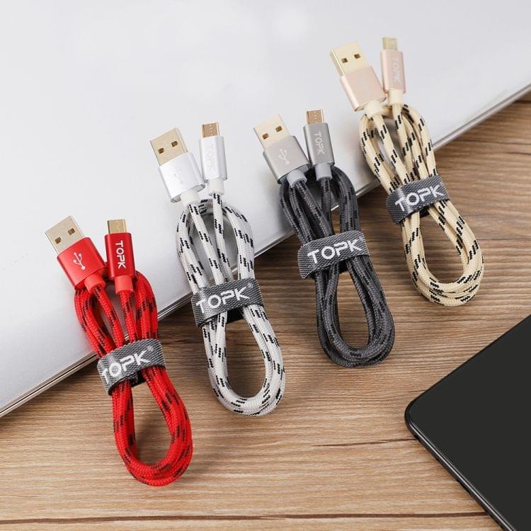TOPK AN09 Micro USB Charging + Transmission Aluminum Alloy Tiger Texture Nylon Braided Data Cable, Length:1.5m(Black)
