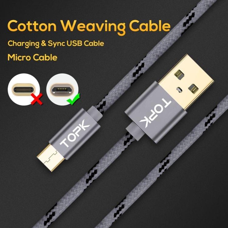 TOPK AN09 Micro USB Charging + Transmission Aluminum Alloy Tiger Texture Nylon Braided Data Cable, Length:1.5m(Black)