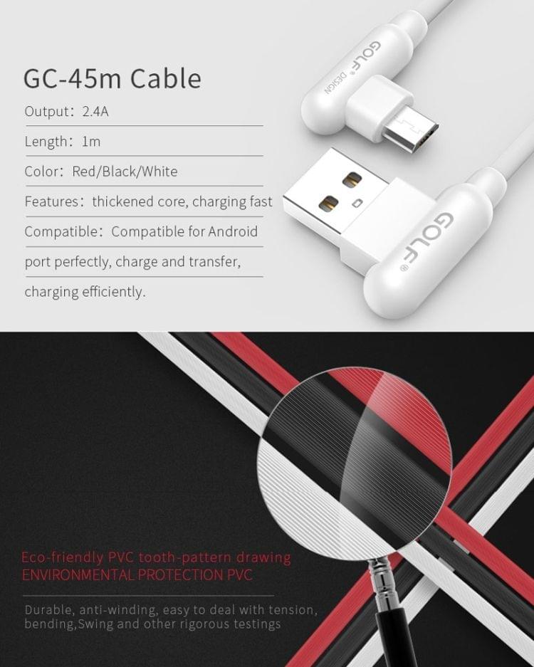GOLF GC-45m 1m 90 Degree Elbow Micro USB to USB 2.4A Charging USB Data Cable Fast Charging USB Data Cable for Galaxy, LG, Huawei, Xiaomi and other Smartphones (Black)