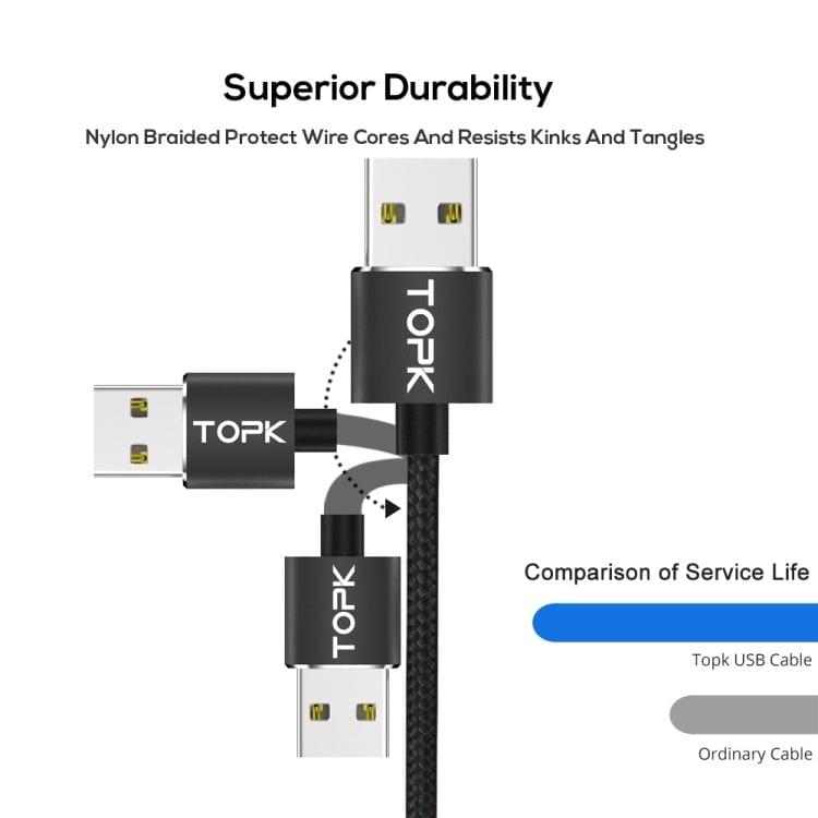 TOPK 1m 2.4A Max USB to Micro USB Nylon Braided Magnetic Charging Cable with LED Indicator (Black)