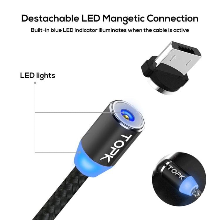 TOPK 1m 2.4A Max USB to Micro USB Nylon Braided Magnetic Charging Cable with LED Indicator (Black)