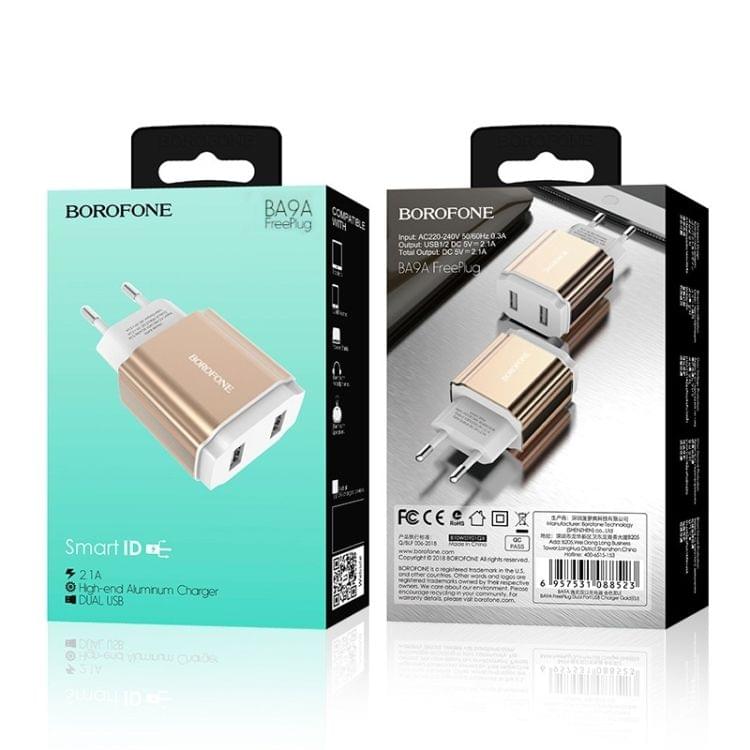 Borofone BA9A Dual USB Charger Adapter, EU Plug (Gold)