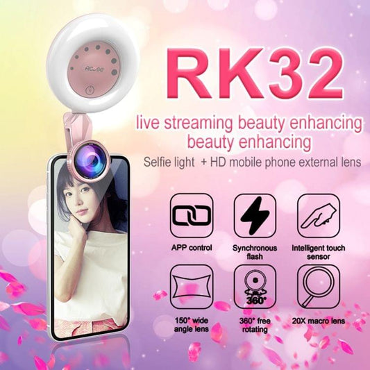 RK32 Beauty 52-LED Touch Sensor APP Control Selfie Clip Flash Fill Light with HD 4K Wide Angle / 20X Macro Lens