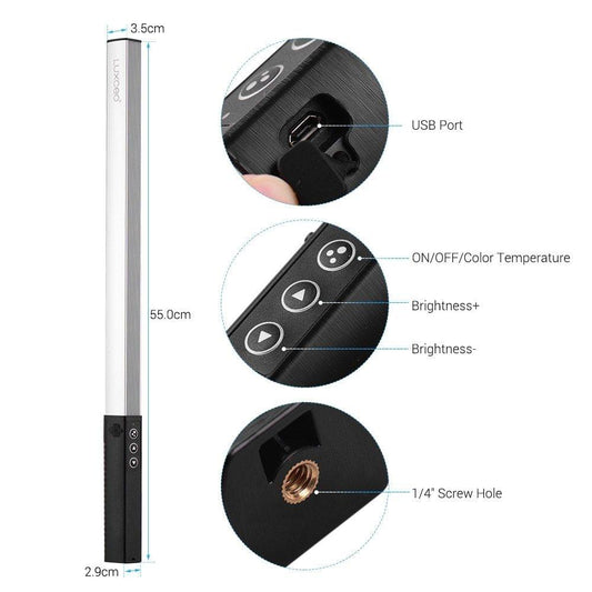 LUXCEO Handheld Photography Light Portable LED Video Light Wand 3000K/5750K/RGB Color 12 Brightness Levels Colorful Stick with Carrying Bag Remote Control Photography Lighting Kit