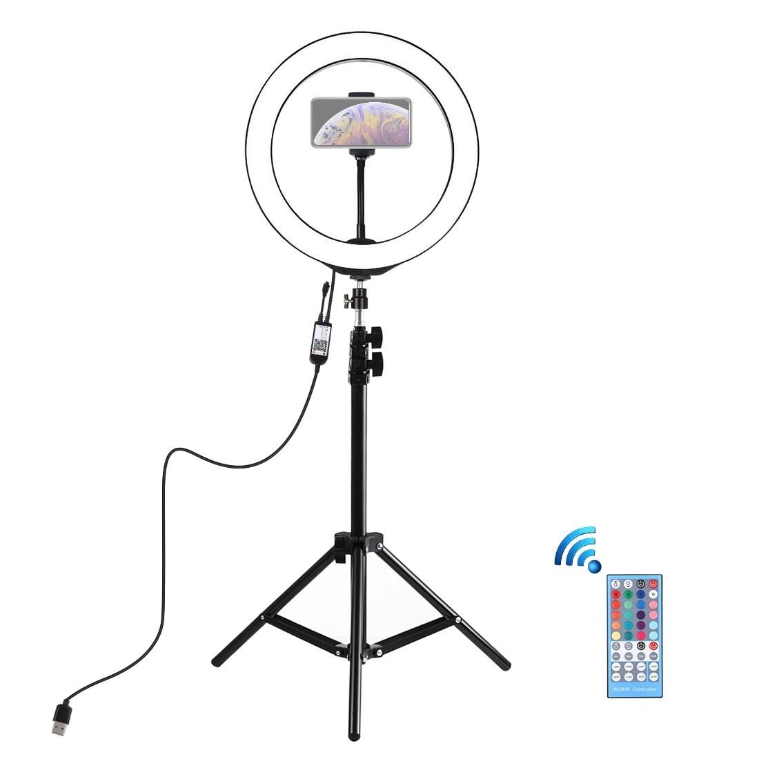 PULUZ 1.1m Tripod Mount + 10 inch 26cm RGBW LED Ring Vlogging Video Light  Live Broadcast Kits with Remote Control & Cold Shoe Tripod Ball Head & Phone Clamp (Black)