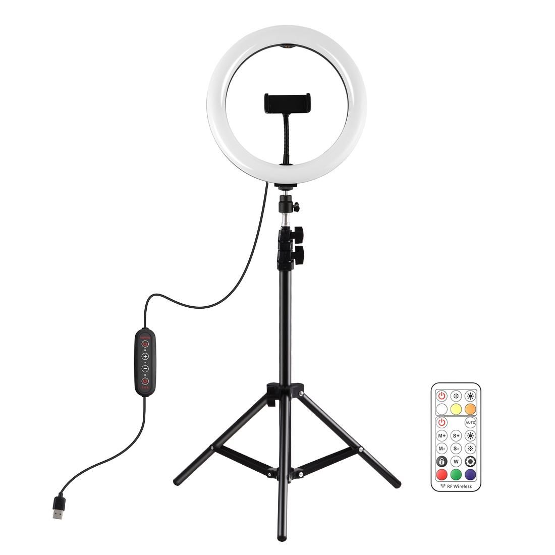 PULUZ 10 inch 26cm Marquee LED RGBWW Light  + 1.1m Tripod Mount 168 LED Dual-color Temperature Dimmable Ring Vlogging Photography Video Lights with Cold Shoe Tripod Ball Head & Remote Control & Phone Clamp (Black)