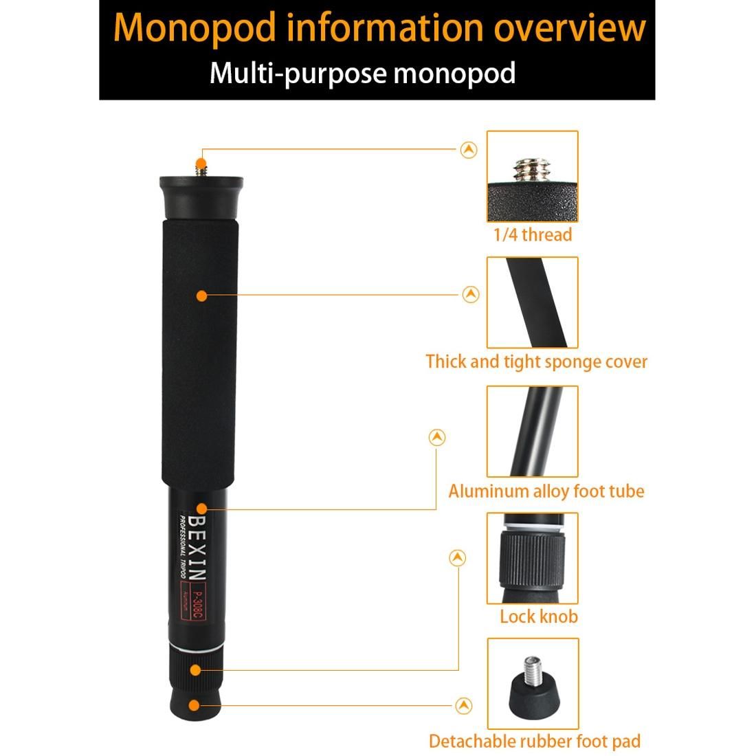 BEXIN P308C Portable Travel Outdoor DSLR Camera Aluminum Alloy Monopod Holder (Black)