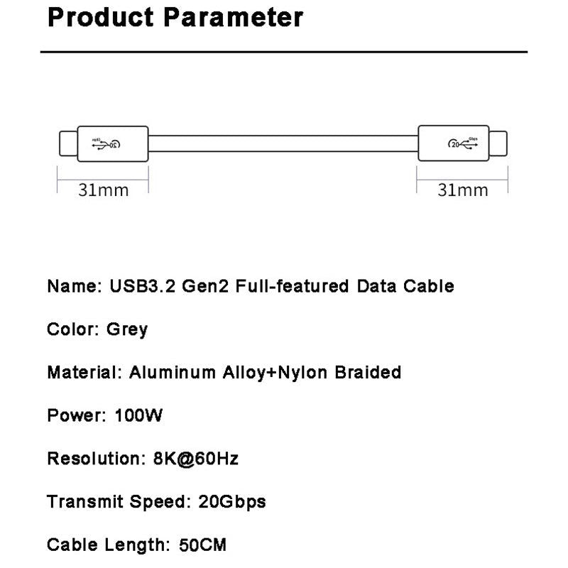 0.5m PD 100W USB-C 3.2 Gen2 Data Cable 8K/60Hz 20Gbps High Speed Video Date Transmission Fast Charging Cord - UNIQKART