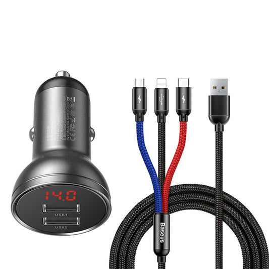 BASEUS Digital Display Dual USB 4.8A Car Charger 3-in-1 Charging Cable Set with Micro iP Type-C Interface (1.2m)
