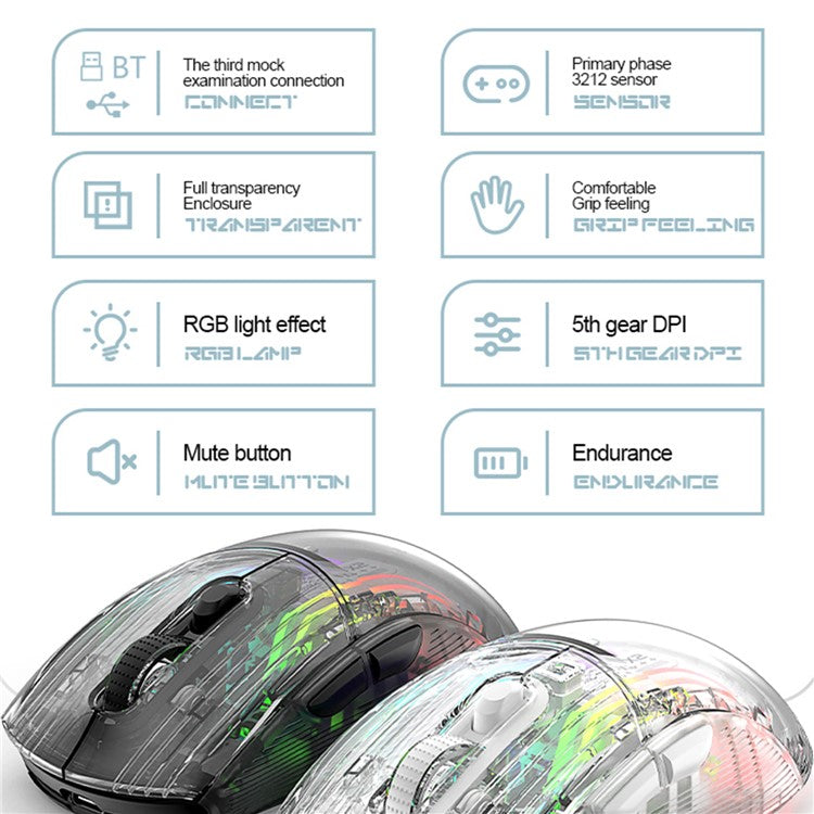 ATTACK SHARK X2 Transparent Bluetooth Mouse RGB Light Three Modes 5DPI Wireless Mouse - Black