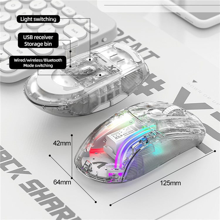 ATTACK SHARK X2 Transparent Bluetooth Mouse RGB Light Three Modes 5DPI Wireless Mouse - Black