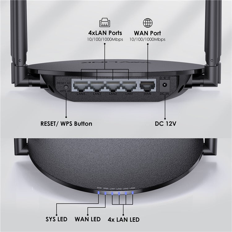 WAVLINK WN530G3 WiFi Router AC1200 Dual Band Wireless Repeater with 4x 5dBi Foldable Antenna - UK Plug