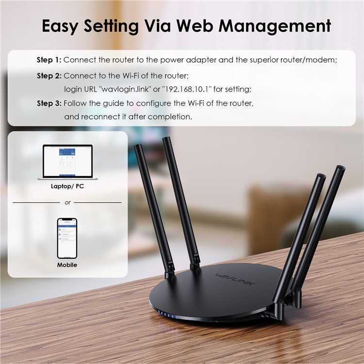 WAVLINK WN530G3 WiFi Router AC1200 Dual Band Wireless Repeater with 4x 5dBi Foldable Antenna - UK Plug