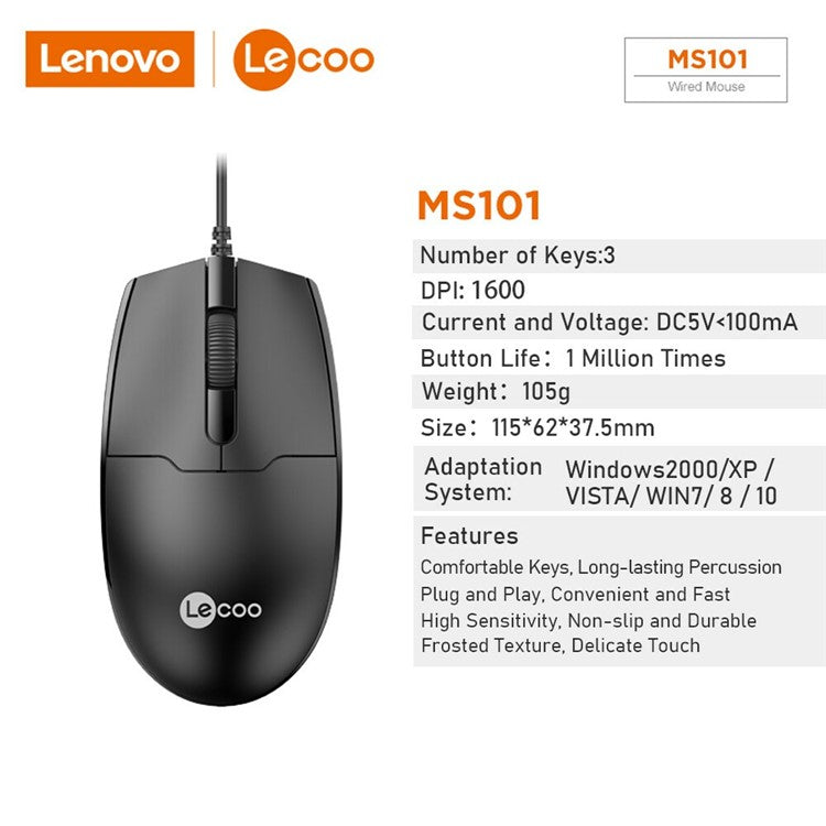 LENOVO LECOO MS101 USB Wired Optical Mouse Ergonomics Desktop Computer Laptop Mice