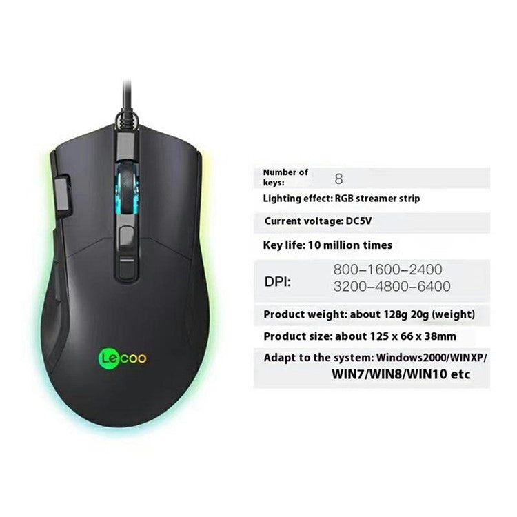 LENOVO LECOO MS105 RGB Light USB Wired Gaming Mouse Desktop Computer Laptop Mice