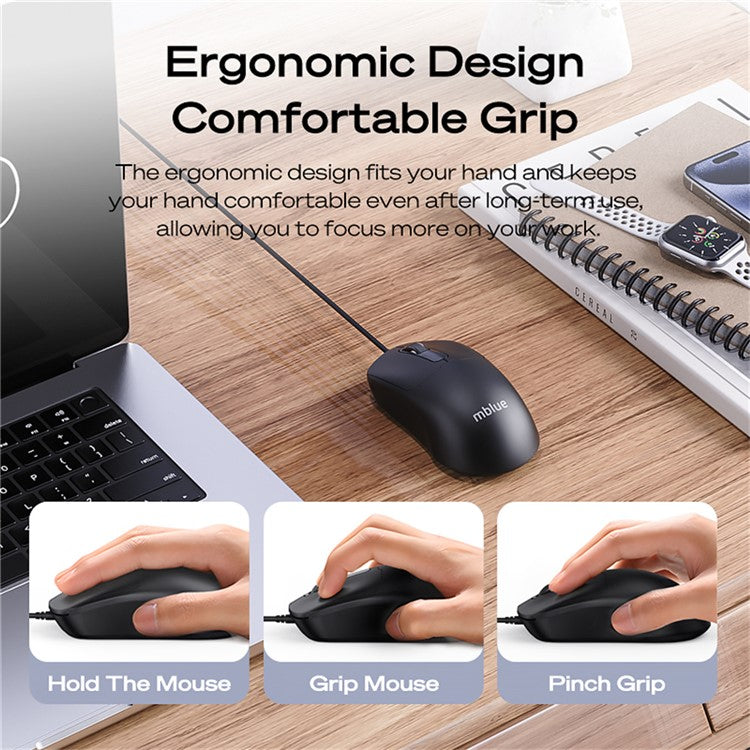 MBLUE M204 Ergonomic USB Wired Mouse 1200 DPI 3 Buttons Mouse for Laptop and PC - Black