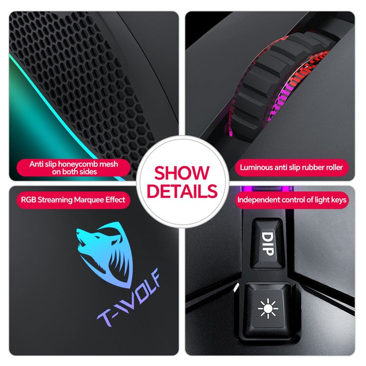 T-WOLF G590 USB Wired Gaming Mouse RGB Light 800-7200DPI ABS Computer Laptop Mice