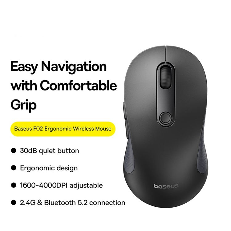 BASEUS F02 Ergonomic 2.4G Wireless + Bluetooth Computer Laptop Mouse (without Battery) - Black