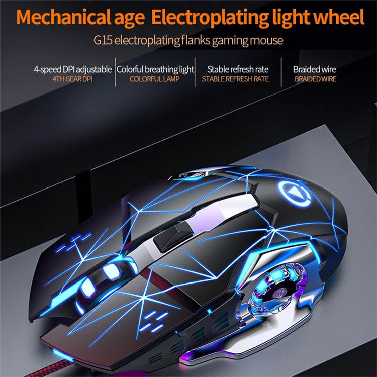 YINDIAO G15 1200 / 1800 / 2400 / 3600 Adjustable DPI 6 Keys Mechanical Gaming USB Wired Mouse, Silent Version - Black