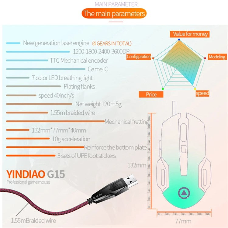 YINDIAO G15 1200 / 1800 / 2400 / 3600 Adjustable DPI 6 Keys Mechanical Gaming USB Wired Mouse, Silent Version - Black