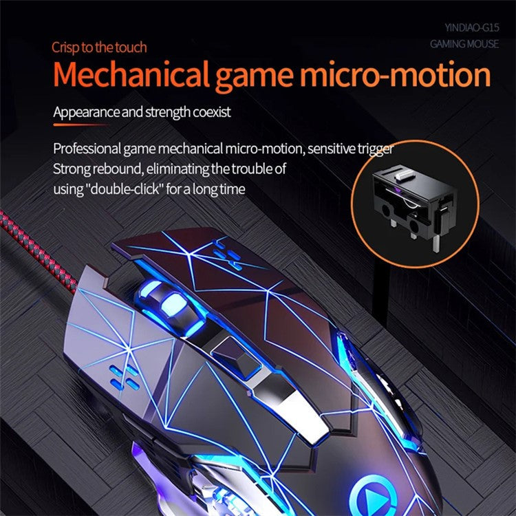 YINDIAO G15 1200 / 1800 / 2400 / 3600 Adjustable DPI 6 Keys Mechanical Gaming USB Wired Mouse, Silent Version - Black