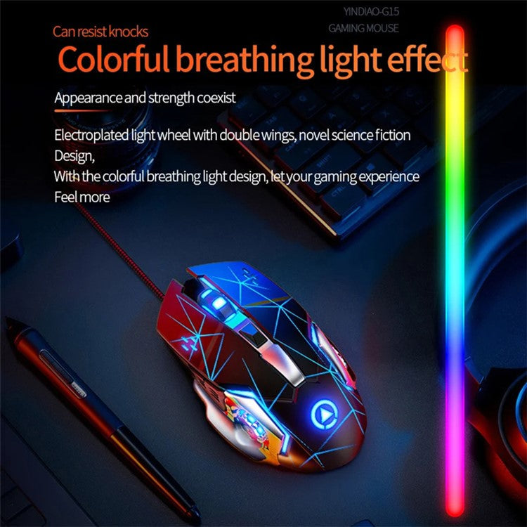YINDIAO G15 1200 / 1800 / 2400 / 3600 Adjustable DPI 6 Keys Mechanical Gaming USB Wired Mouse, Silent Version - Black
