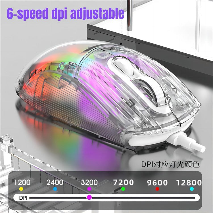 HXSJ X400B Wired Gaming Mouse 6 Adjustable DPI RGB Lighting Transparent Macro Programmable Mouse - White