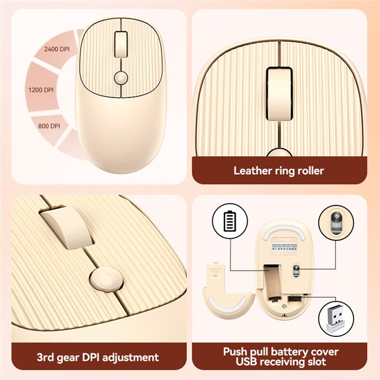 T-WOLF X6 800 / 1200 / 2400 DPI Adjustable Ergonomic 2.4G Wireless Mouse for Laptop PC - Khaki