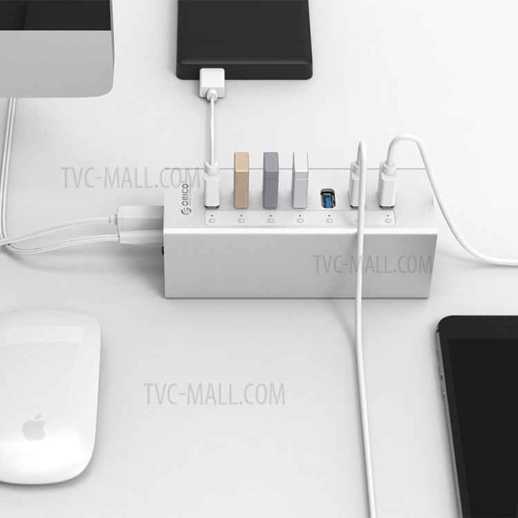 ORICO A3H7-SV Aluminum Alloy 7 Port USB3.0 Hub - Silver/US Plug