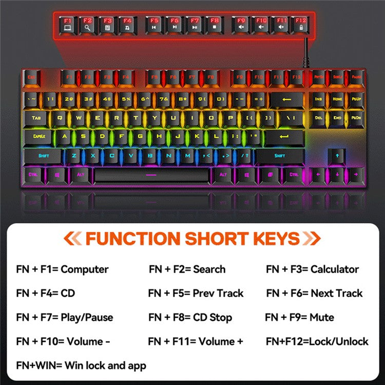 T-WOLF T18 USB Wired Keyboard 87-Key Color Backlit Computer Gaming Mechanical Keyboard