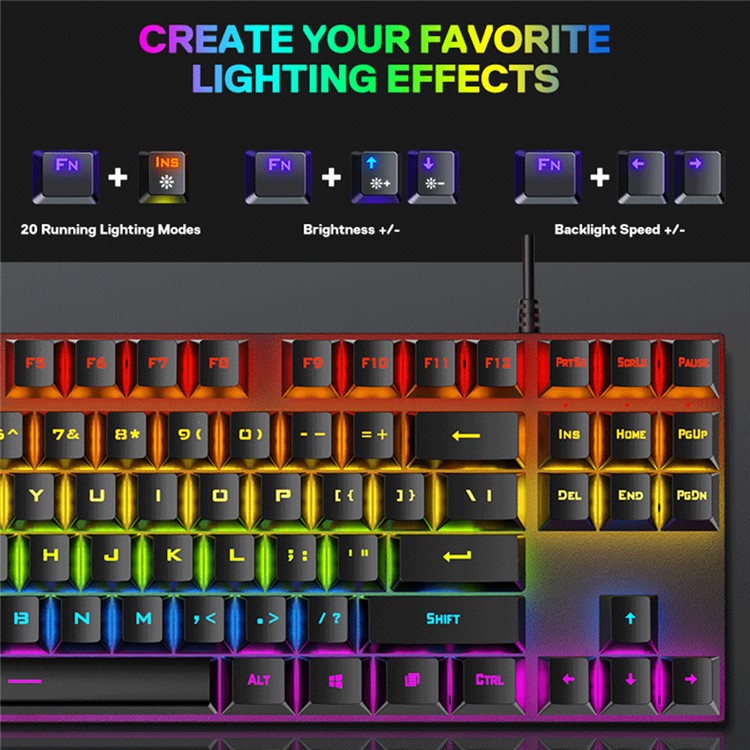 T-WOLF T18 USB Wired Keyboard 87-Key Color Backlit Computer Gaming Mechanical Keyboard