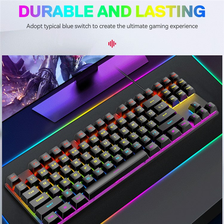 T-WOLF T18 USB Wired Keyboard 87-Key Color Backlit Computer Gaming Mechanical Keyboard