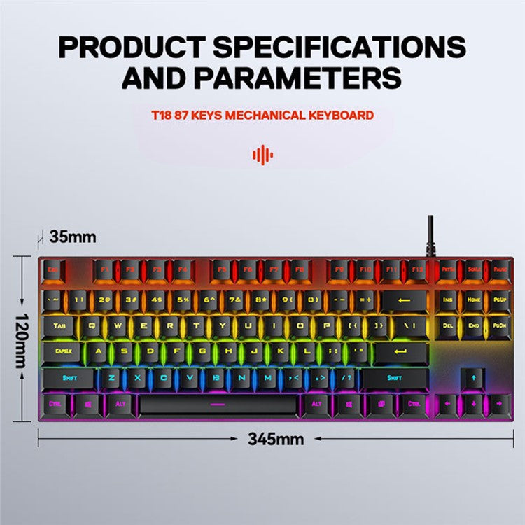 T-WOLF T18 USB Wired Keyboard 87-Key Color Backlit Computer Gaming Mechanical Keyboard