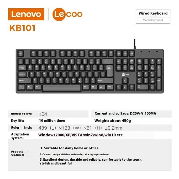 LENOVO LECOO KB101 USB Wired Keyboard Home Office 104-Key Computer Laptop Keyboard