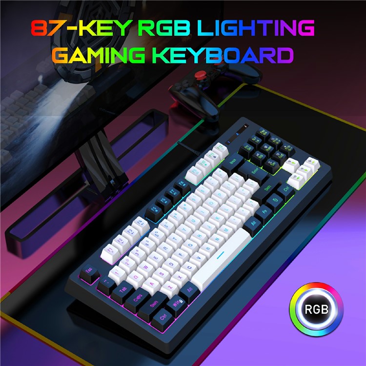 Y-FRUITFUL G69 Gaming Mechanical Feel Keyboard 87 Keys RGB Backlit USB Wired Esports Keyboard - Black+White